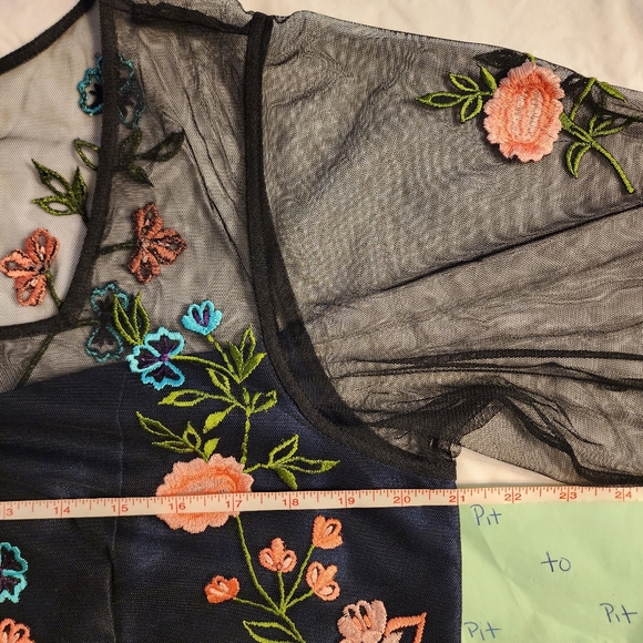 Wayward Fancies Floral Embroidery Black Sheer Tiered Tulle & Blue Dupioni Dress - Picture 10 of 16